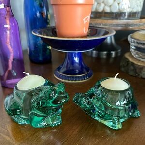 Vintage Indiana Glass Green Glass Frog and Turtle Tealight Candle/Plant Holders